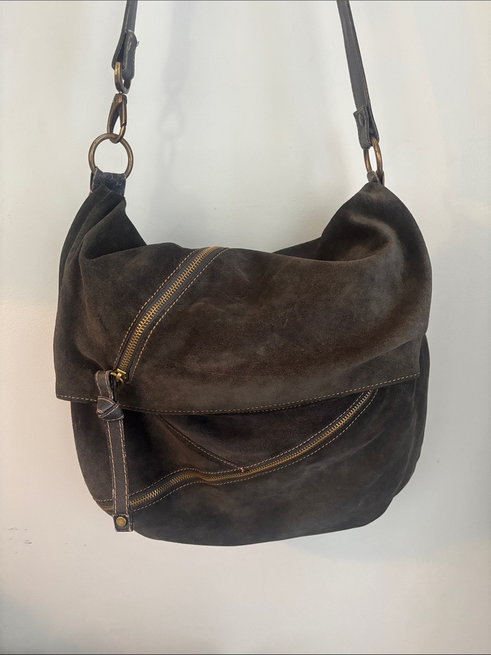 Marco buggiani Dark gray Suede Slouchy Shoulder Bag with Brass Zippers